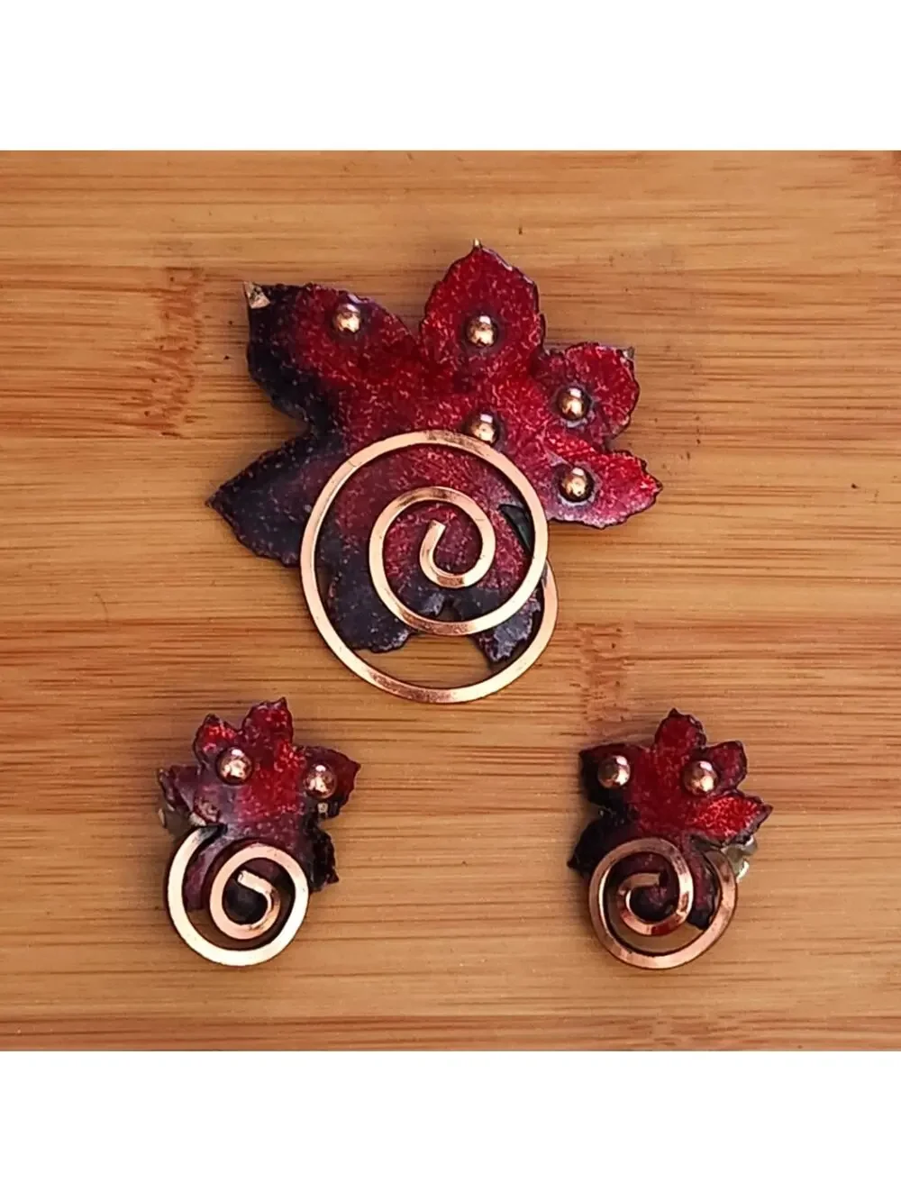 Vintage MATISSE Copper Enamel Red Maple Leaf Brooch & Earrings Set Mid Century